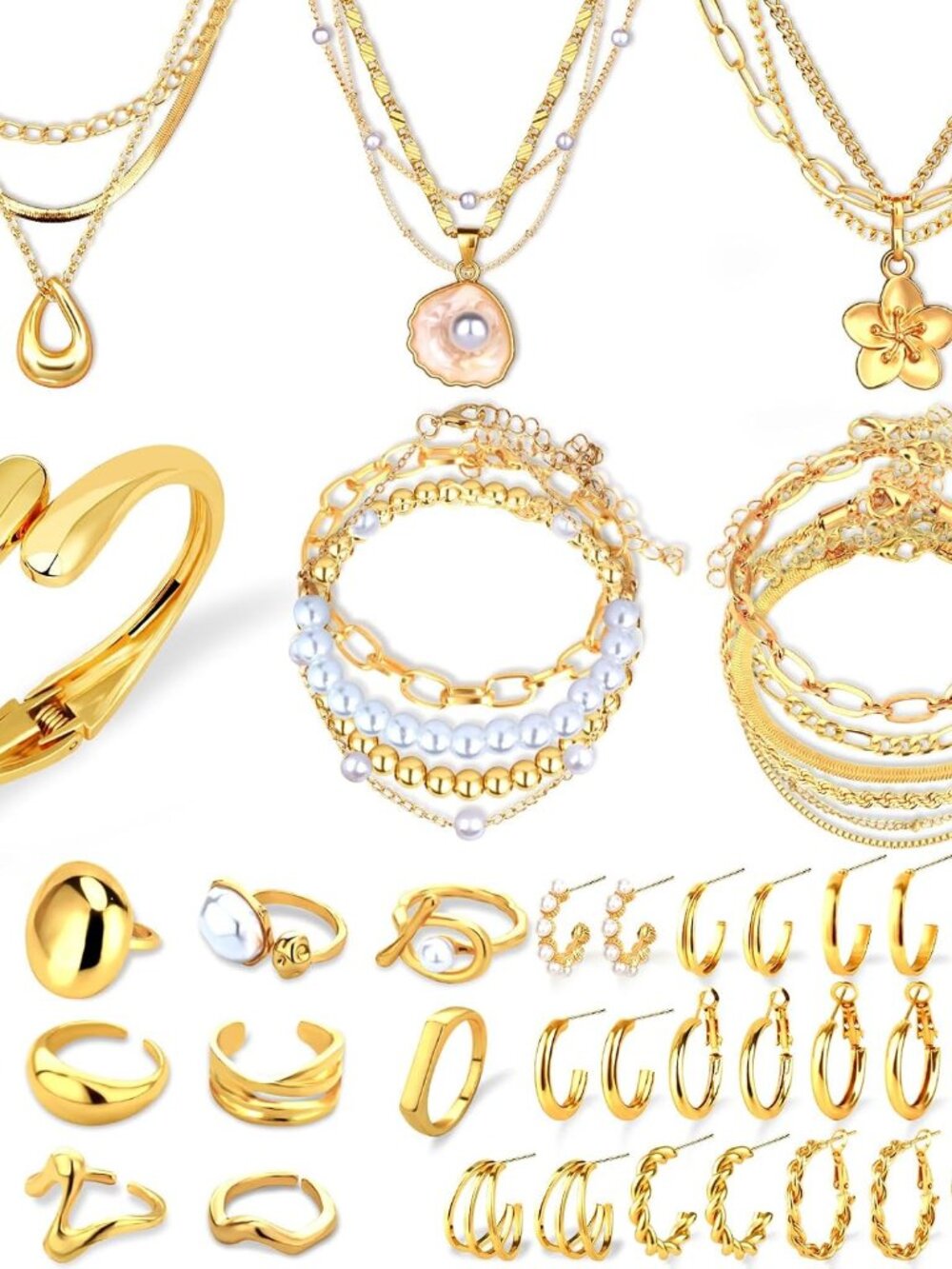 Trendy 14k Gold Plated Jewelry Set for Women: Necklaces, Bracelets & Rings